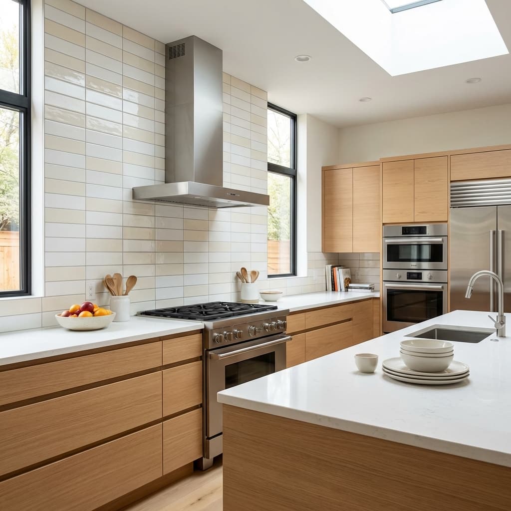 Modern kitchen with installed tiles