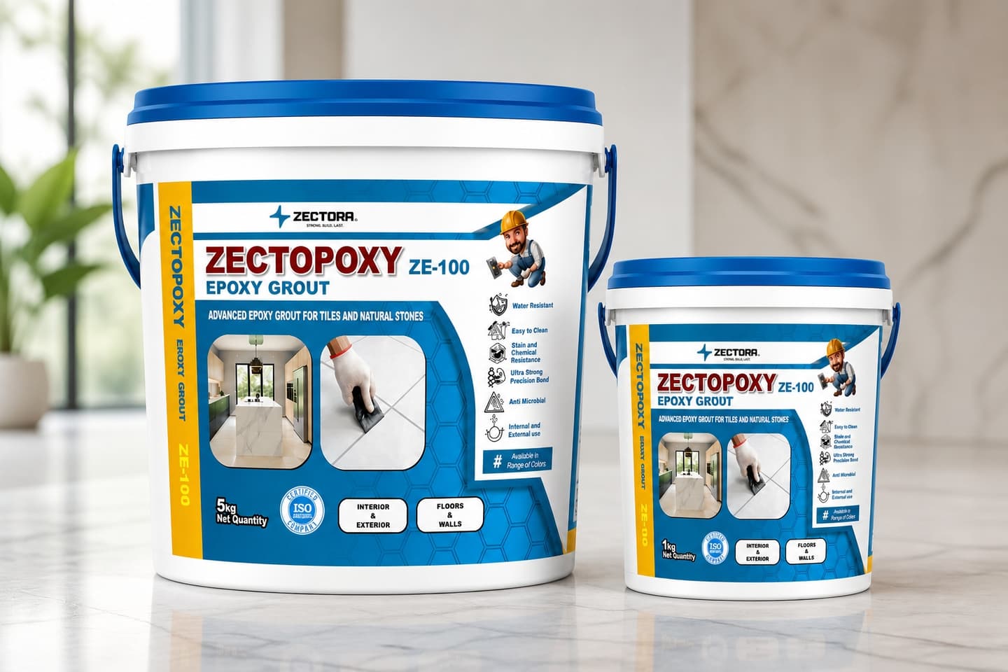 Zectopoxy ZE-100 1kg and 5kg buckets on marble surface